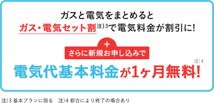 ガスと電気をまとめるとガス・電気セット割注）3で電気料金が割引に!さらに新規お申込みで電気代基本料金が1ヶ月無料!注）4 注）3 基本プランに限る　注）4 都合により終了の場合あり