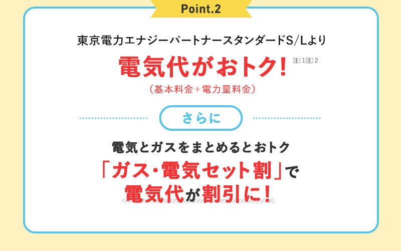 Point.2 電気とガスをまとめるとおトク 「ガス・電気セット割」で電気代が割引に！注）基本プランに限る