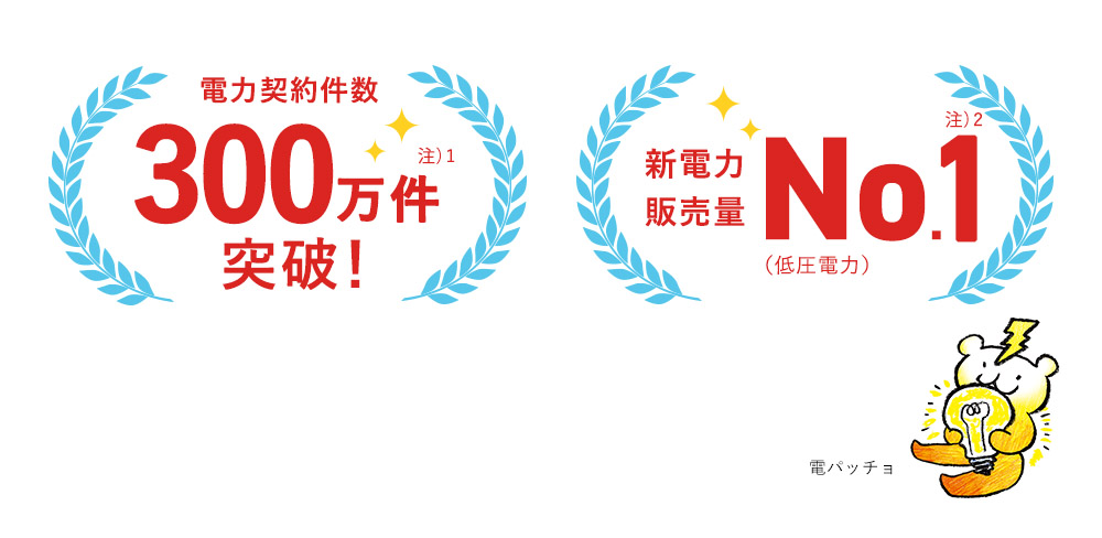 電力契約件数300万件注）1 突破！新電力 販売量No.1注）2 (低圧電力) 注）1 2022年4月19日時点の供給中件数 注）2資源エネルギー庁電力調査統計「電力需要実績」（2024年6月時点）における、みなし小売電気事業者以外の事業者（新電力）での低圧電力の需要実績値。 電パッチョ