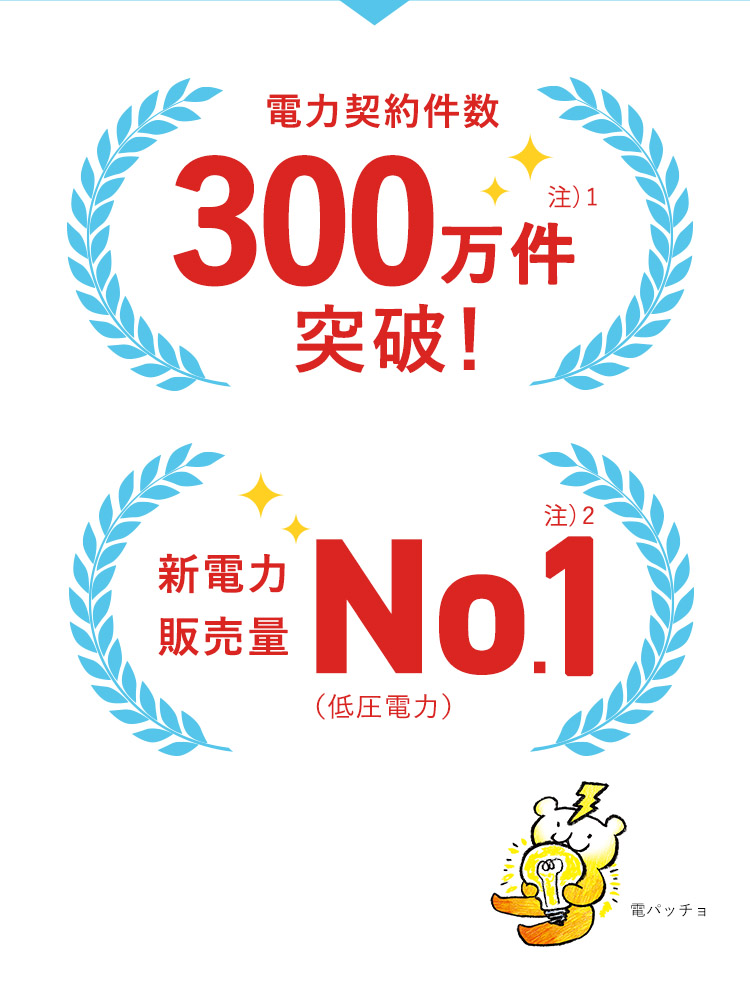 電力契約件数300万件注）1 突破！新電力 販売量No.1注）2 (低圧電力) 注）1 2022年4月19日時点の供給中件数 注）2資源エネルギー庁電力調査統計「電力需要実績」（2024年6月時点）における、みなし小売電気事業者以外の事業者（新電力）での低圧電力の需要実績値。 電パッチョ
