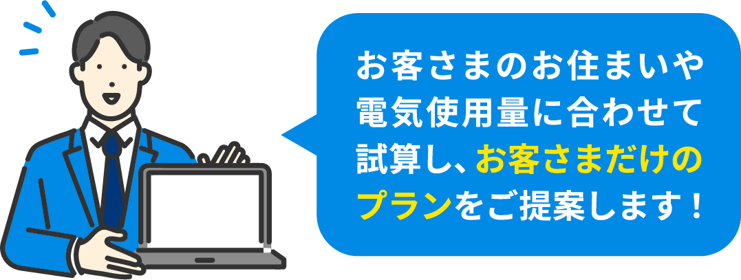 お客さまのお住まいや電気使用量に合わせて試算し、お客さまだけのプランをご提案します！