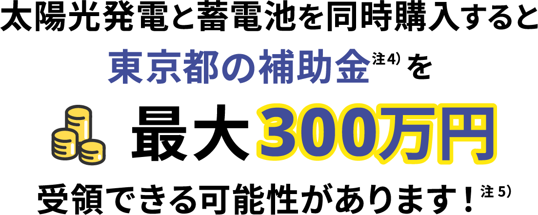 太陽光発電と蓄電池を同時購入すると 東京都の補助金注4)を最大300万円 受領できる可能性があります!注5)