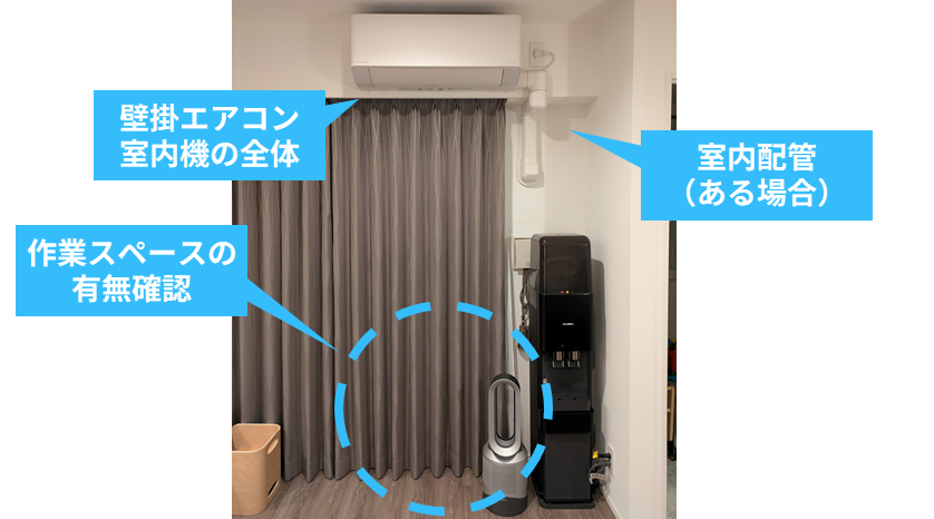 壁掛エアコン室内機と室内配管の写真