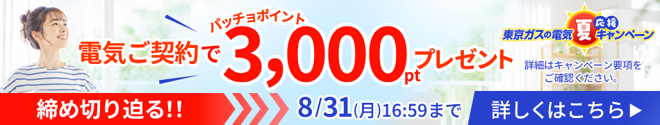 東京ガスの電気ご契約でパッチョポイントが3,000ポイントもらえるキャンペーンを実施中