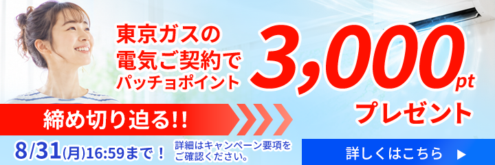 東京ガスの電気ご契約でパッチョポイントが3,000ポイントもらえるキャンペーンを実施中