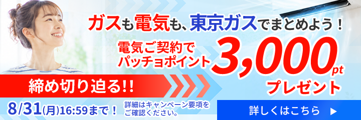 ガスも電気も東京ガスでまとめよう！電気ご契約でパッチョポイントが3,000ポイントもらえるキャンペーンを実施中