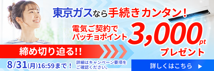 東京ガスなら手続きカンタン！さらに今なら電気ご契約でパッチョポイントが3,000ポイントもらえるキャンペーンを実施中