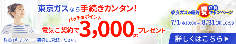 東京ガスなら手続きカンタン!さらに今なら電気ご契約でパッチョポイントが3,000ポイントもらえるキャンペーンを実施中