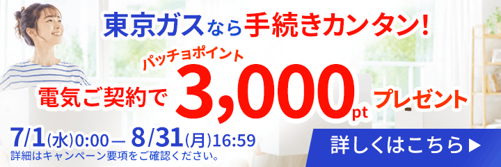 東京ガスなら手続きカンタン!さらに今なら電気ご契約でパッチョポイントが3,000ポイントもらえるキャンペーンを実施中