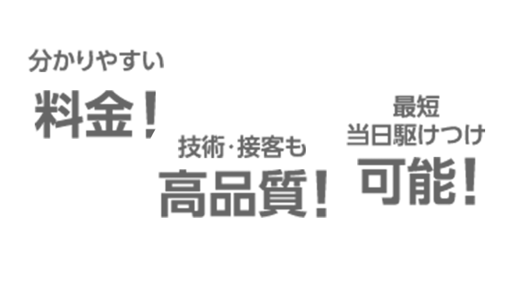 分かりやすい料金！,技術・接客も高品質！,最短当日駆けつけ可能！