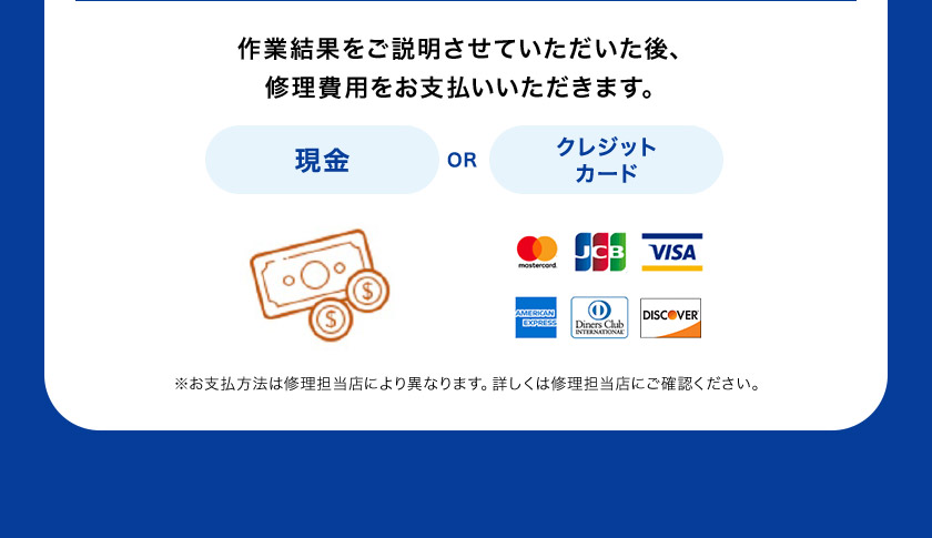 作業結果をご説明させていただいた後、 修理費用をお支払いいただきます。 現金ORクレジットカード ※お支払い方法は修理担当店により異なります。詳しくは修理担当店にご確認ください。