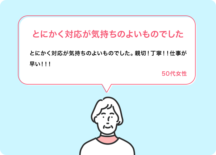 とにかく対応が気持ちのよいものでした とにかく対応が気持ちのよいものでした。親切！丁寧！！仕事が早い！！ 50代女性