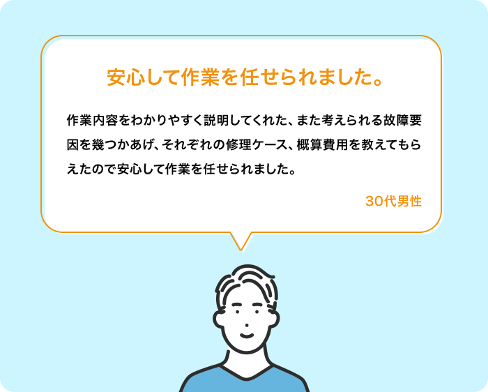 安心して作業を 任せられました。 作業内容をわかりやすく説明してくれた、また考えられる故障要因を幾つかあげ、それぞれの修理ケース、概算費用を教えてもらえたので安心して作業を任せられました。 30代男性