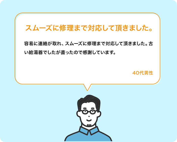 スムーズに修理まで対応して頂きました。 容易に連絡が取れ、スムーズに修理まで対応して頂きました。古い給湯器でしたが直ったので感謝しています。 40代男性