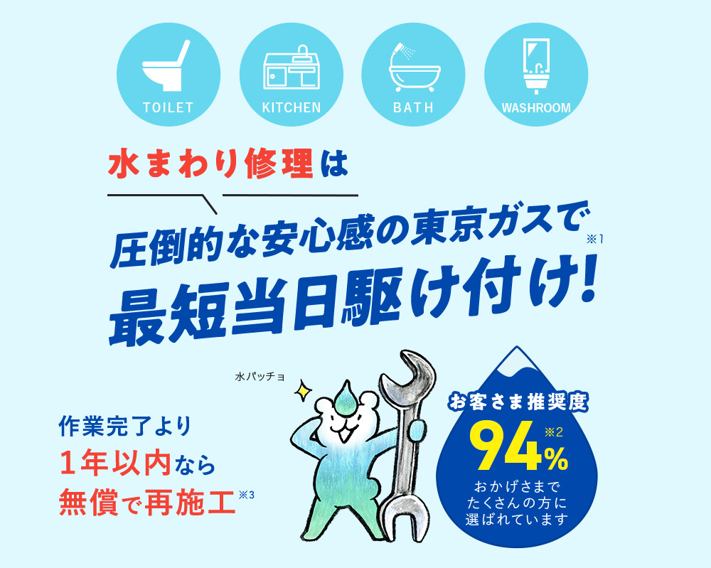 TOILET KITCHEN BATH WASHROOM 水まわり修理は圧倒的な安心感の東京ガスで最短当日駆け付け！※1 お客さま推奨度94%※2 おかげさまでたくさんの方に選ばれています 作業完了より1年以内なら無償で再施工※3