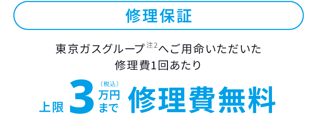 修理保証 東京ガスグループ注2 へご用命いただいた修理費1回あたり上限3万円（税込）まで修理費無料