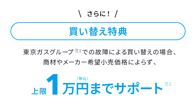 さらに！買い替え特典 東京ガスグループ注1 での故障による買い替えの場合、商材やメーカー希望小売価格によらず、上限1万円（税込）までサポート注2