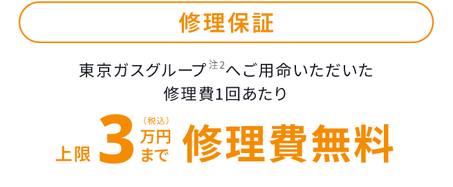 修理保証 東京ガスグループ注2へご用命いただいた修理費1回あたり上限3万円（税込）まで修理費無料