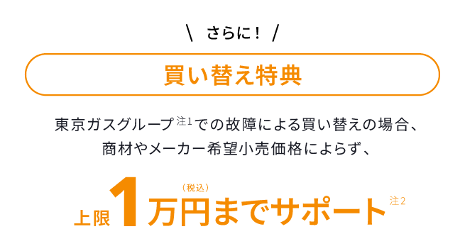 さらに！買い替え特典 東京ガスグループ注1 での故障による買い替えの場合、商材やメーカー希望小売価格によらず、上限1万円（税込）までサポート注2