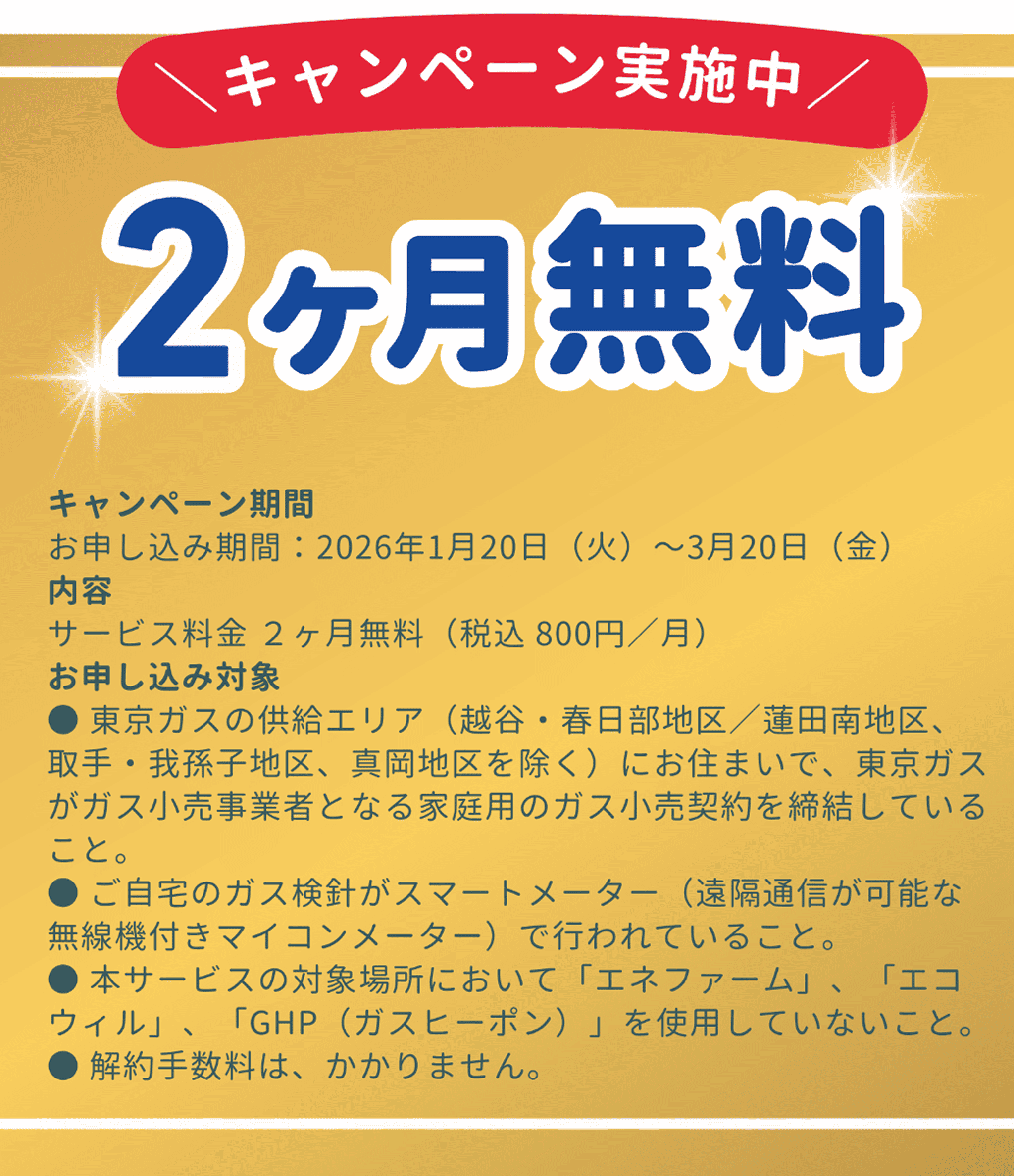 2ヶ月無料キャンペーン実施中。キャンペーン申し込み期間は2026年1月20日火曜日から3月20日金曜日。内容はサービス料金2ヶ月無料（月額税込800円）。お申し込み対象はメール文末尾をご確認ください。