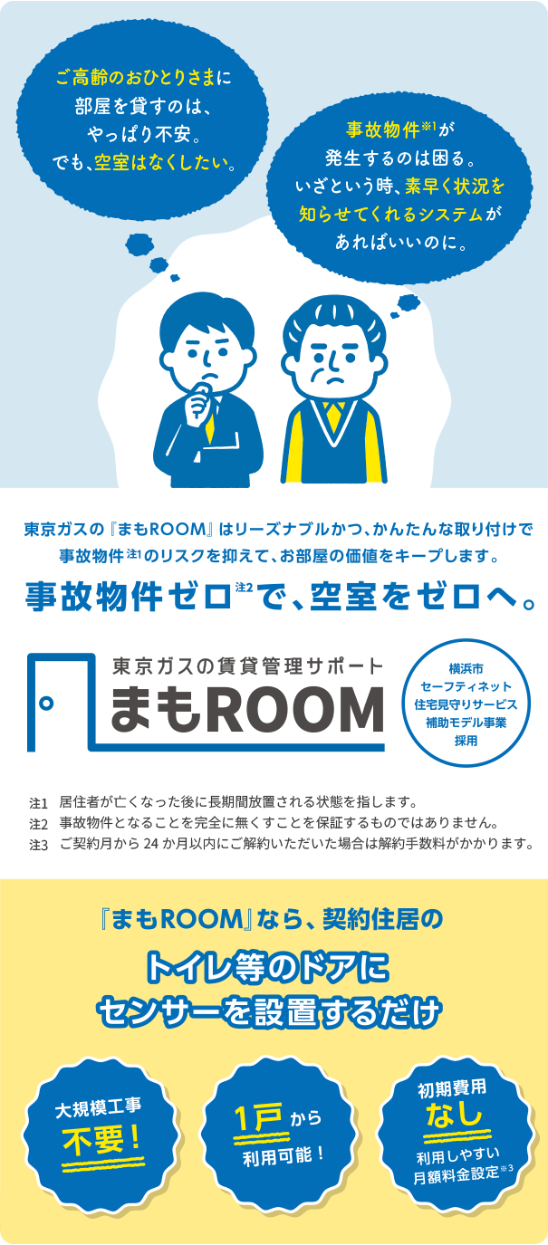 ご高齢のおひとりさまに部屋を貸すのは、やっぱり不安。でも、空室はなくしたい。事故物件※1が発生するのは困る。いざという時、素早く状況を知らせてくれるシステムがあればいいのに。事故物件ゼロ※2で、空室をゼロへ。 東京ガスの賃貸管理サポート　まもROOM 横浜市セーフティーネット住宅見守りサービス補助モデル事業採用　※1 居住者が亡くなった後に⻑期間放置される状態を指します。 ※2 事故物件となることを完全に無くすことを保証するものではありません。※3 ご契約月から24ヶ月以内にご解約いただいた場合は解約手数料がかかります。『まもROOM』なら、契約住居のトイレ等のドアにセンサーを設置するだけ　大規模工事不要！1戸から利用可能！　初期費用なし 利用しやすい月額料金設定※3