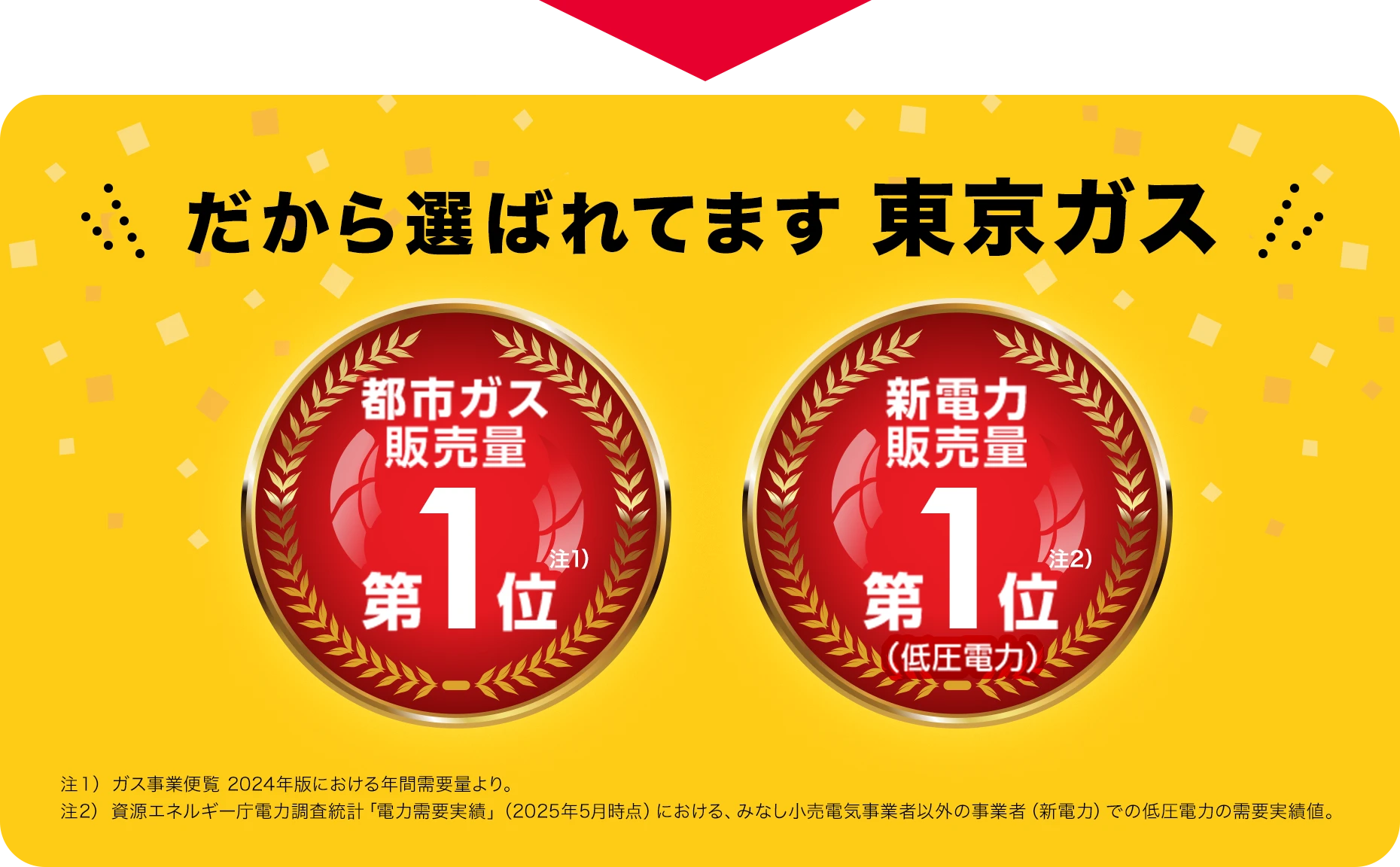 だから選ばれてます選ばれてます 東京ガス 都市ガス販売量第1位 新電力販売量第1位(低圧電力) 注1）ガス事業便覧 2024年版における年間需要量より。 注2）資源エネルギー庁電力調査統計「電力需要実績」（2025年5月時点）における、みなし小売電気事業者以外の事業者（新電力）での低圧電力の需要実績値。